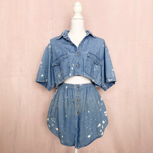 Upcycled Vintage Denim Bleach Heart Button Front Skirt Set, Size M/L