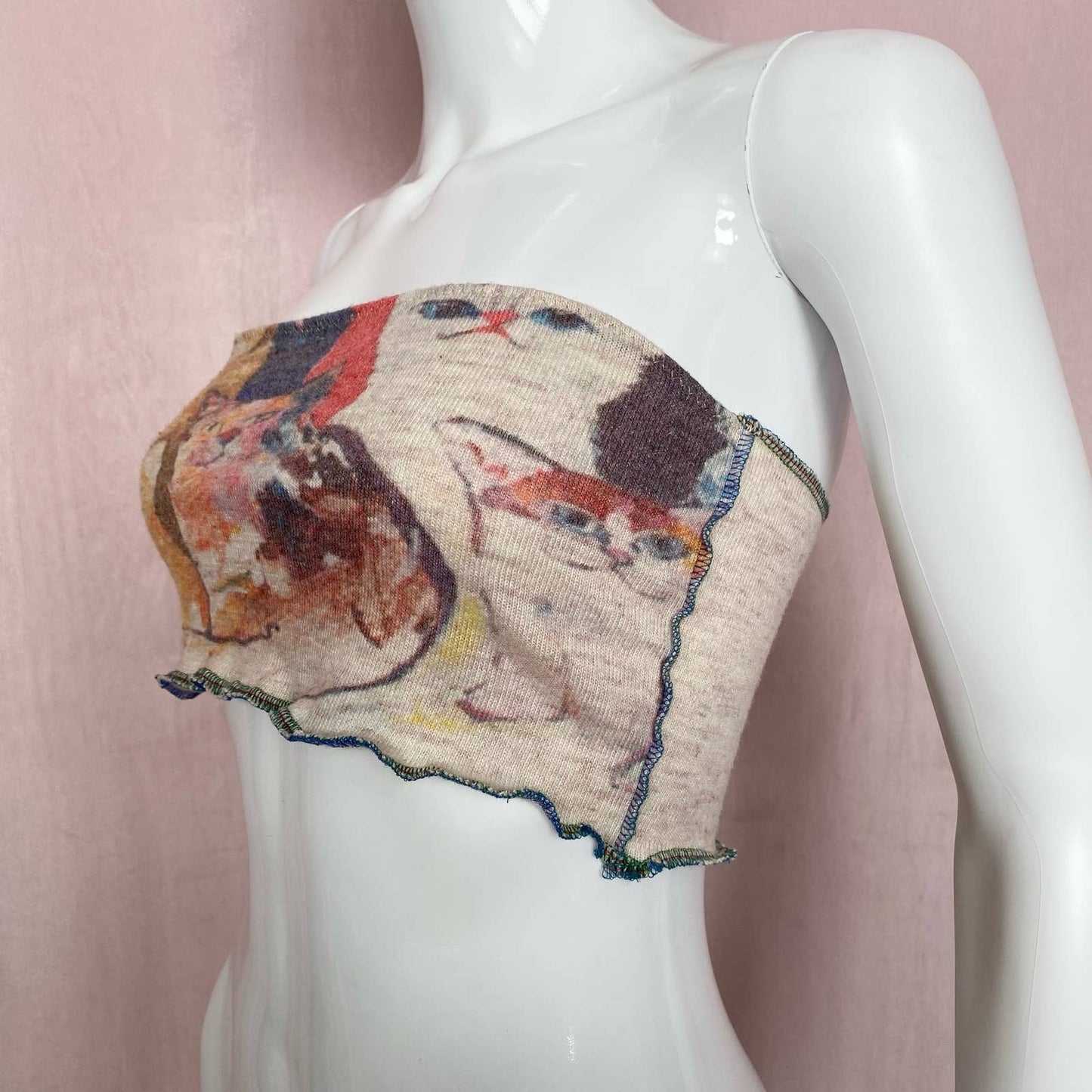 Upcycled Knit Cats Crop Tube Top, Size S/M