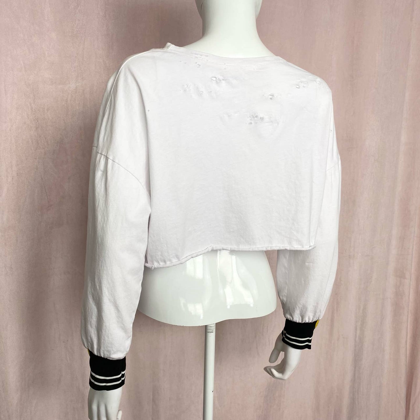 Reworked Distressed Smiley Face Crop Long Sleeve, One Size
