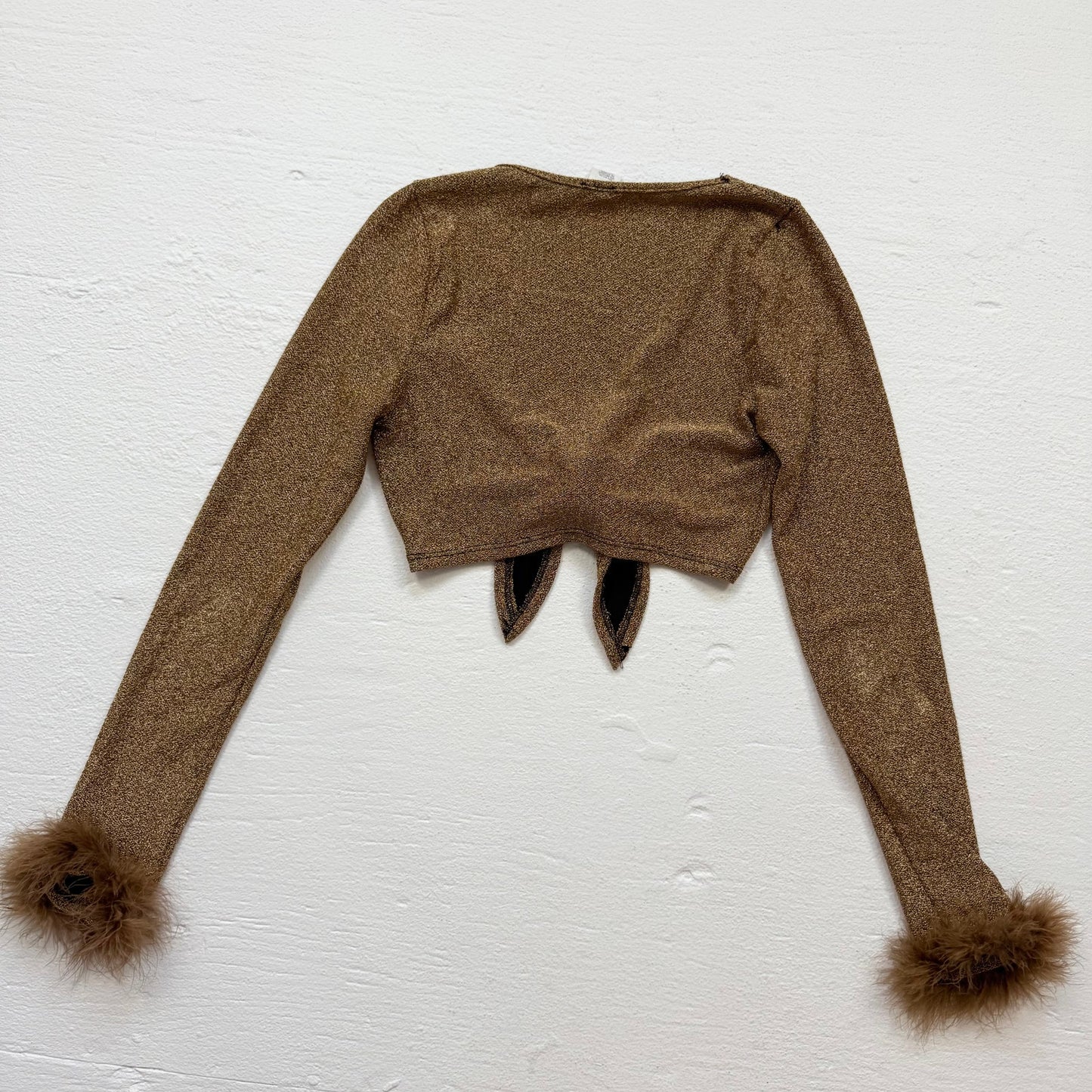 Y2K Sparkly Gold Tie Front Crop Top Shrug Feather Trim, Size Small