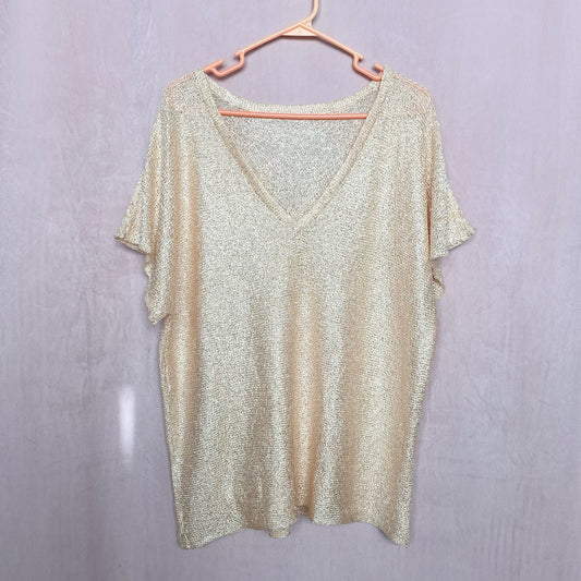 Y2K Cream Sequins Deep V-Neck Short Sleeve Knit Top, Size XL