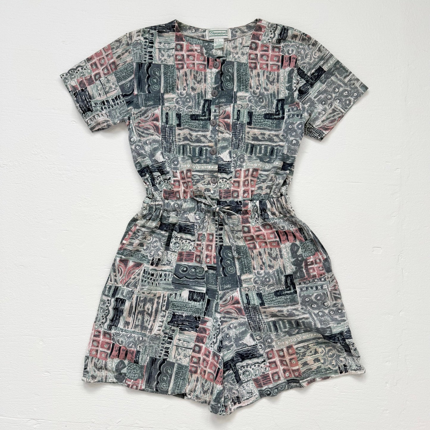 Vintage Shenanigans Abstract Button Tie Front Romper, Size Large