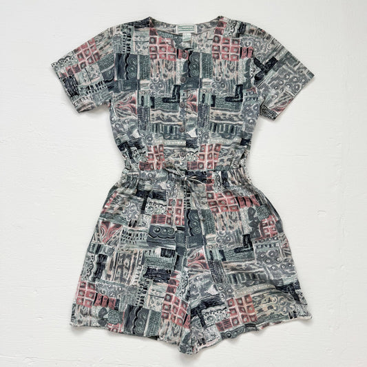 Vintage Shenanigans Abstract Button Tie Front Romper, Size Large