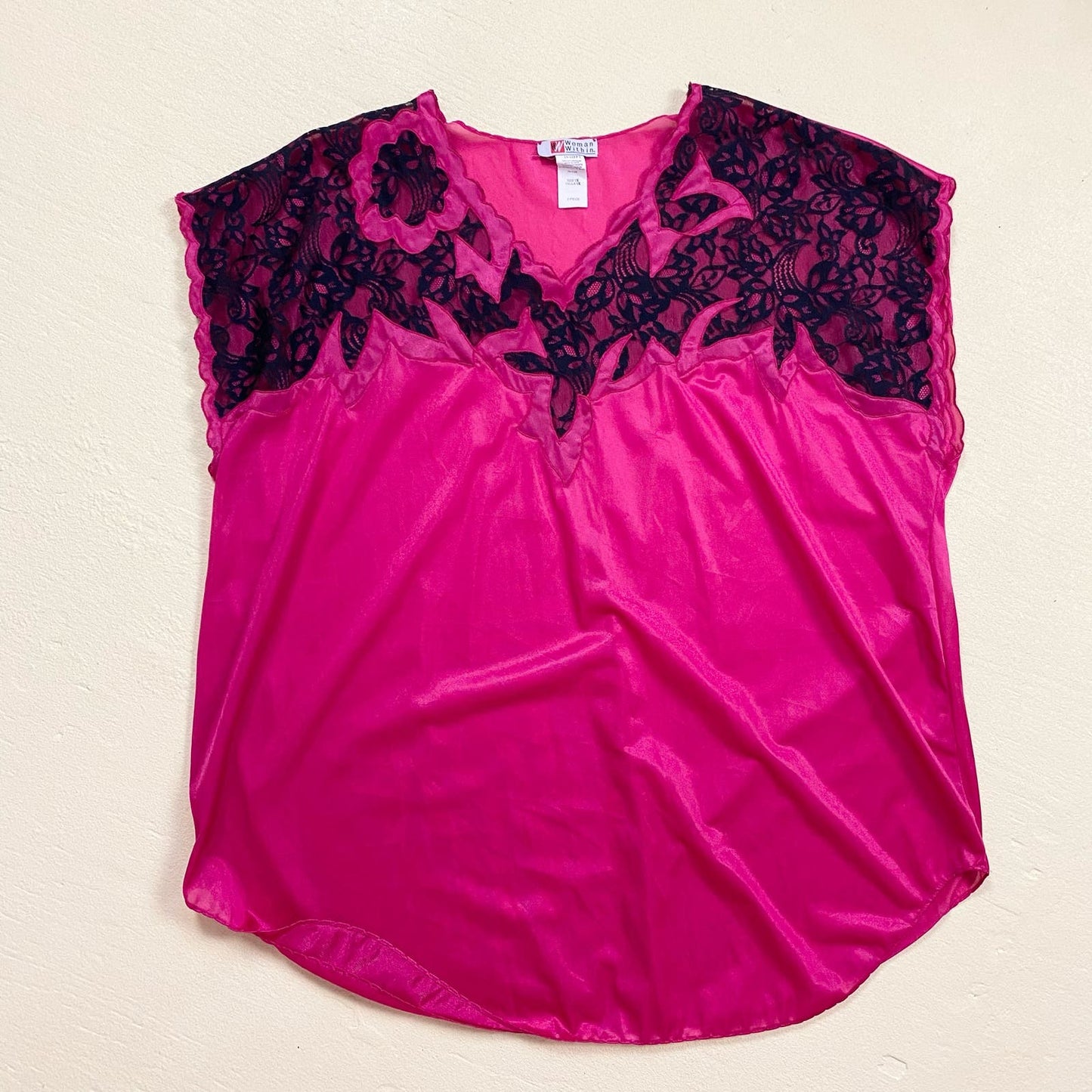 Vintage Woman Within Pink Satin Black Lace Top, Size 1X