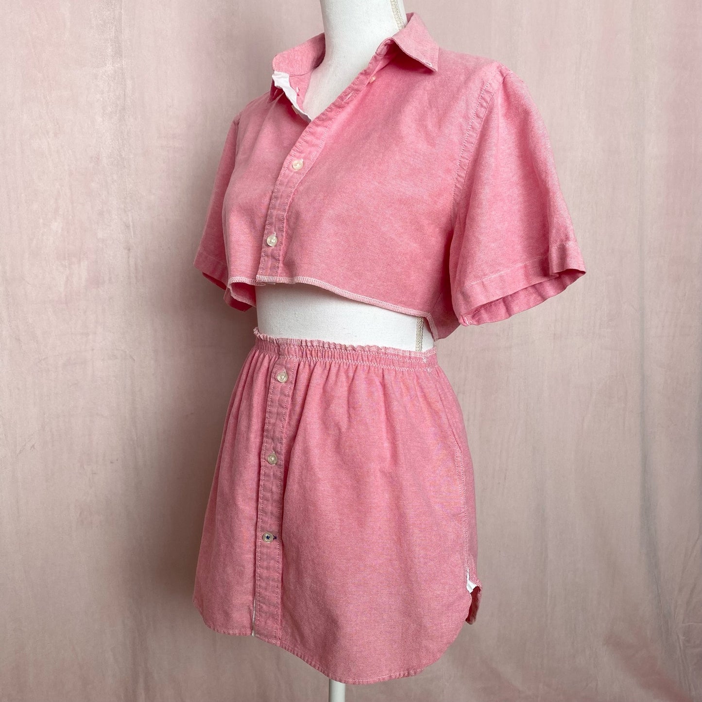 Upcycled Pink Button Front Two Piece Skirt Set, Size XS