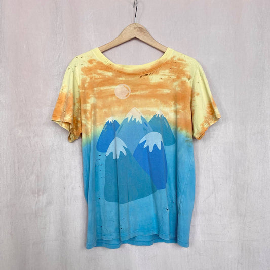 Upcycled Mokuyobi Distressed Tie Dye Mountain Tee, Size Medium