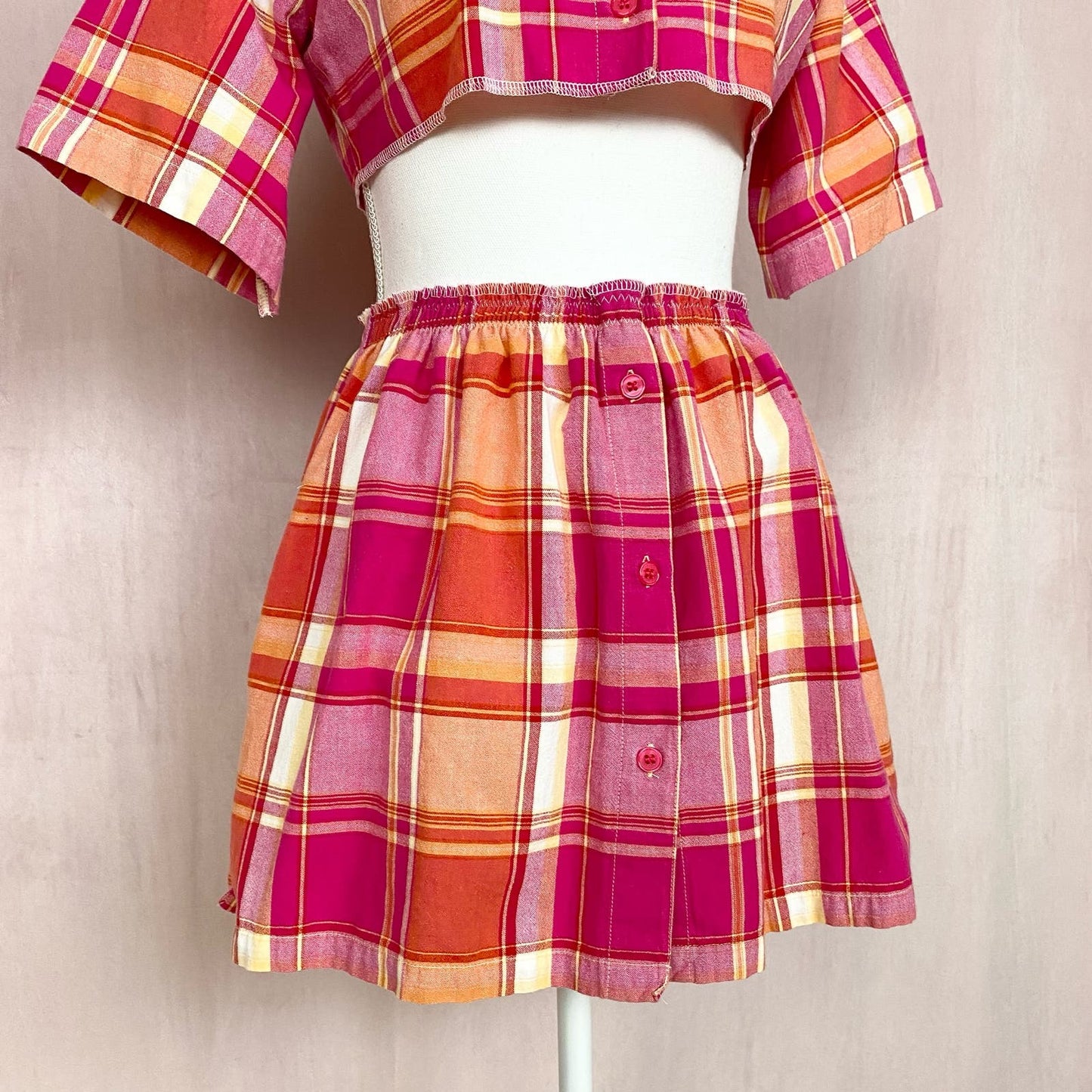 Upcycled Vintage Plaid Crop Shirt & Skirt Set, Size S/M