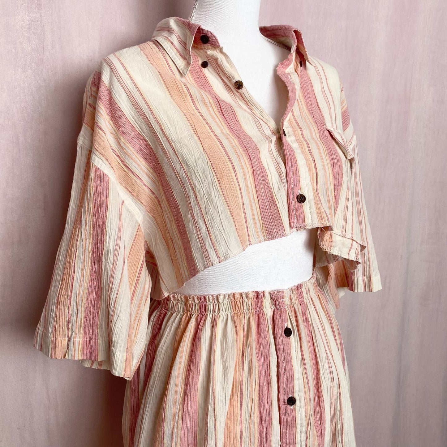 Upcycled Vintage Crop Button Up Shirt & Skirt Set, Size S/M