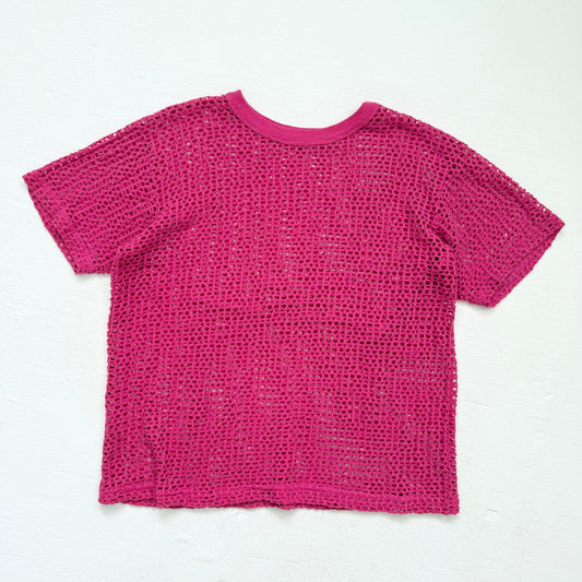 Y2K Pink Open Crochet Knit Short Sleeve Top