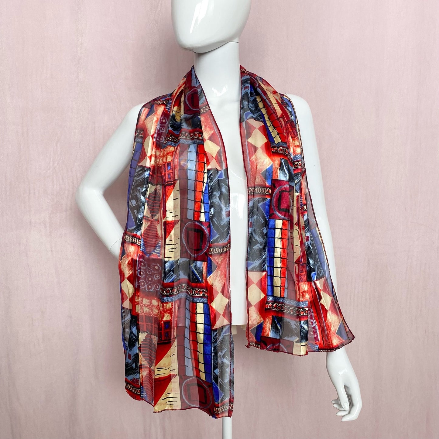 Secondhand Sheer Satin Red Blue Cream Abstract Scarf Top