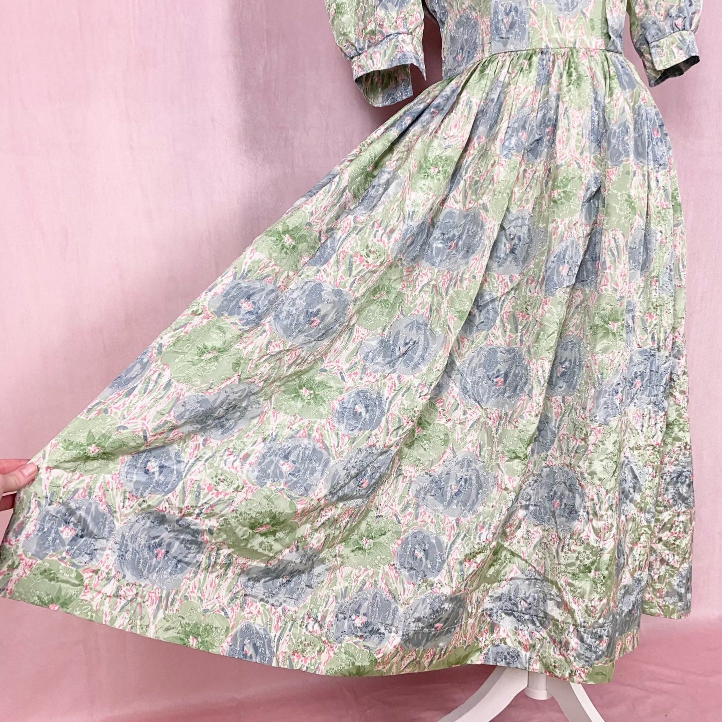 Vintage Handmade Satin Floral Puff Sleeve Maxi Dress