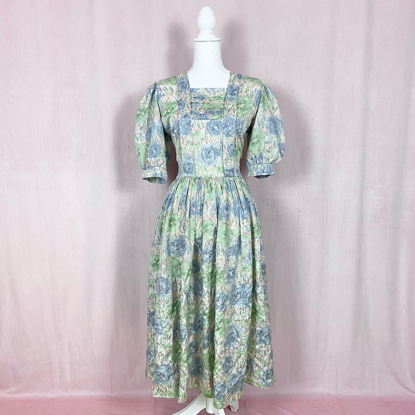 Vintage Handmade Satin Floral Puff Sleeve Maxi Dress