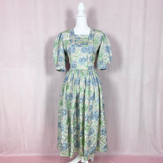 Vintage Handmade Satin Floral Puff Sleeve Maxi Dress