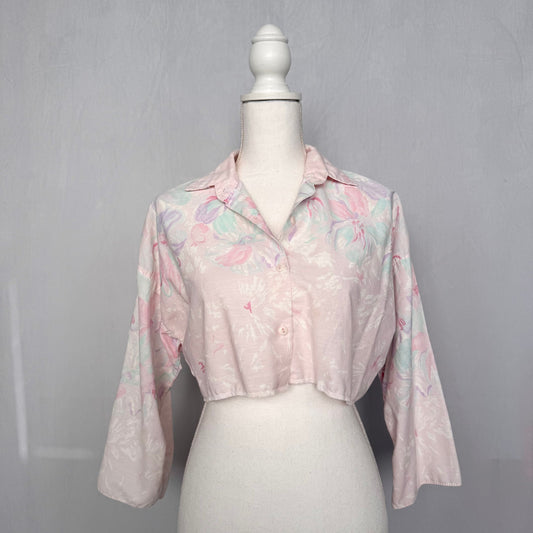 Upcycled Vintage Classic Essentials Pastel Floral Crop Button Up, Size Large