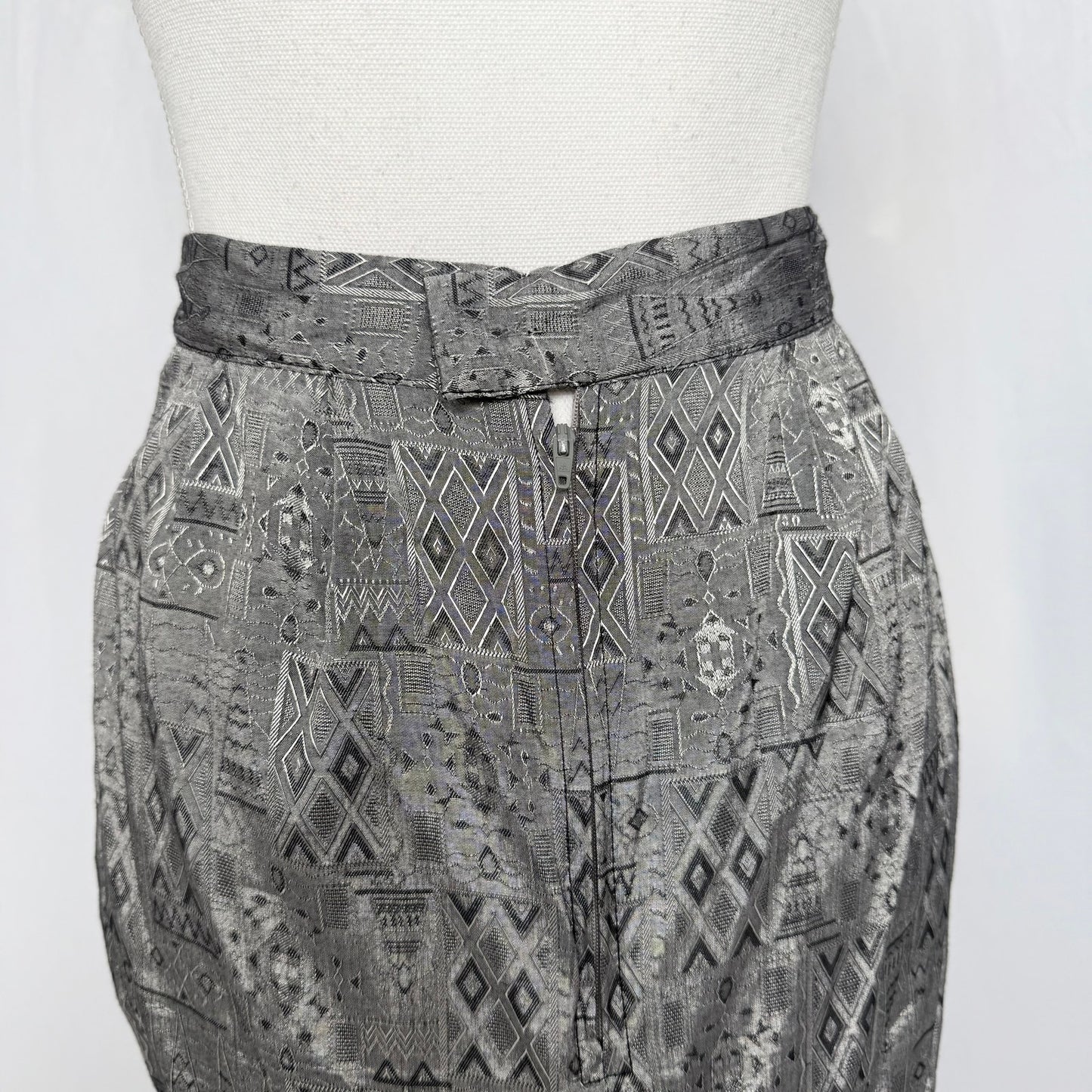 Vintage 80s True Wit Skirt Suit Set Gray Satin Geometric Print, Size 5/6