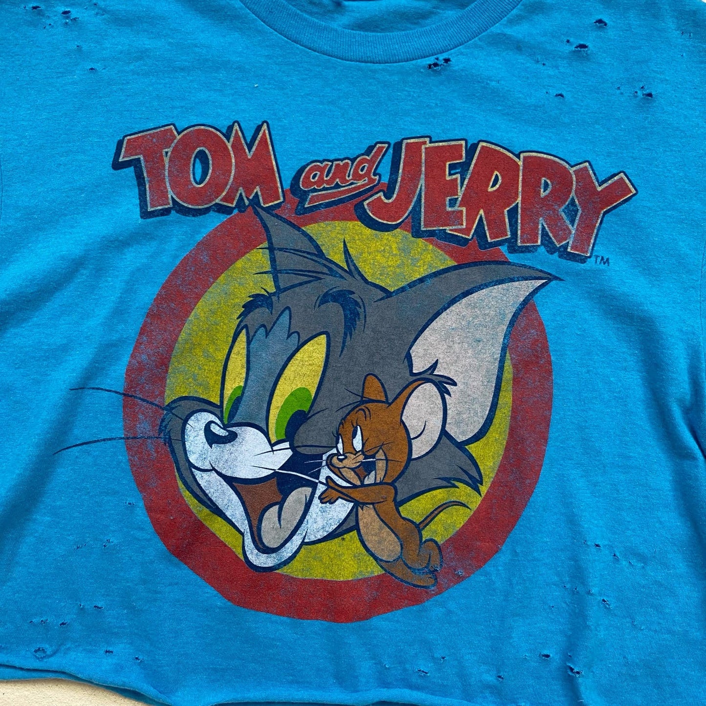 Reworked Tom & Jerry Distressed Crop Graphic Tee, Size Medium