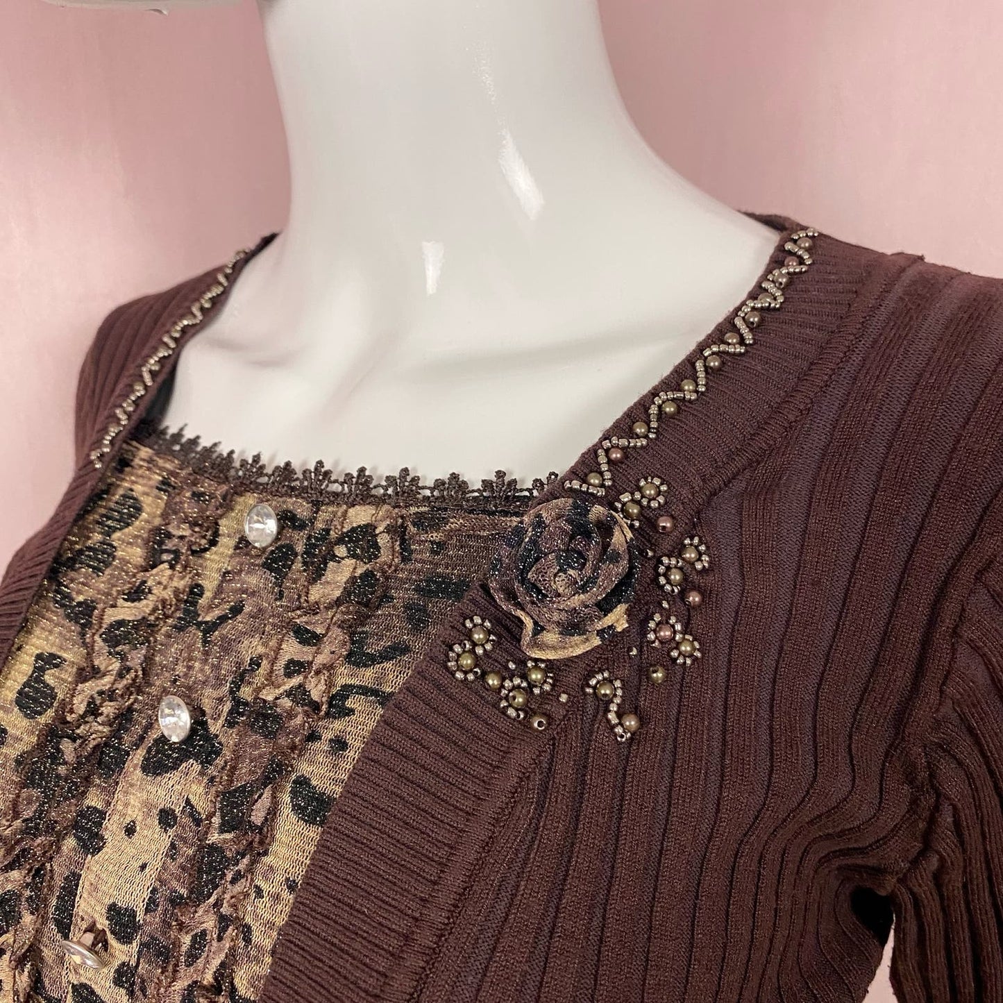 Vintage Ribbed Cardigan Leopard Print Mesh Top, Size Small