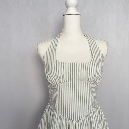 Secondhand Wild Fable Green White Stripe Halter Fit & Flare Mini Dress, Size Medium