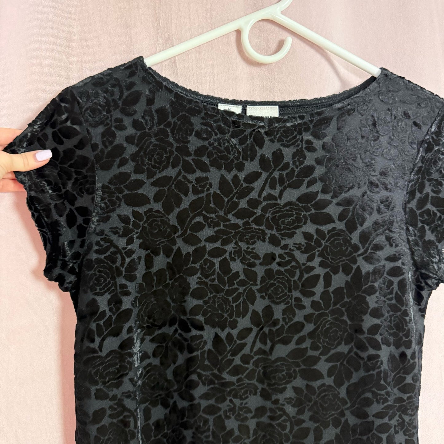 Secondhand DKNY Black Velvet Floral Mesh Short Sleeve Top, Size Medium