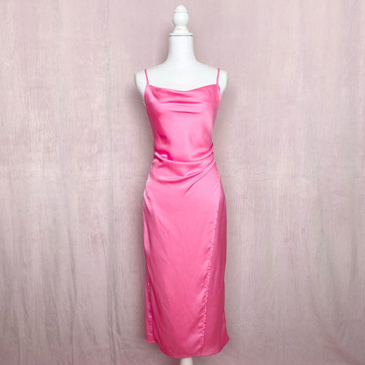 Secondhand Re:named Pink Satin Ruched Wrap Midi Slip Dress, Size Small