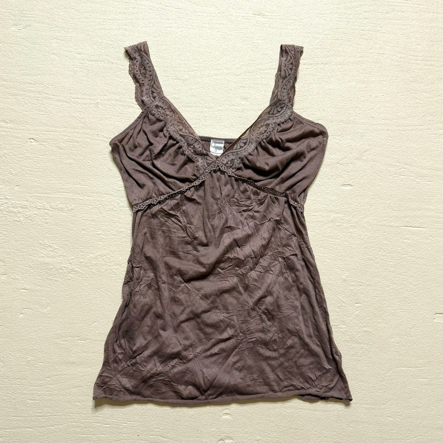 Y2K Aqua Lace Trim Brown Cami Tank Top, Size Medium