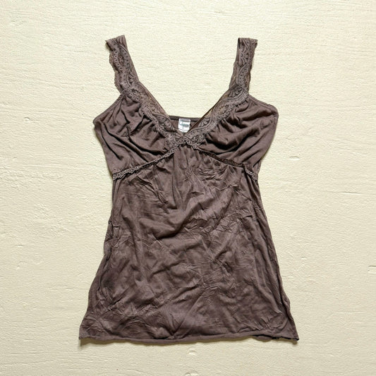 Y2K Aqua Lace Trim Brown Cami Tank Top, Size Medium