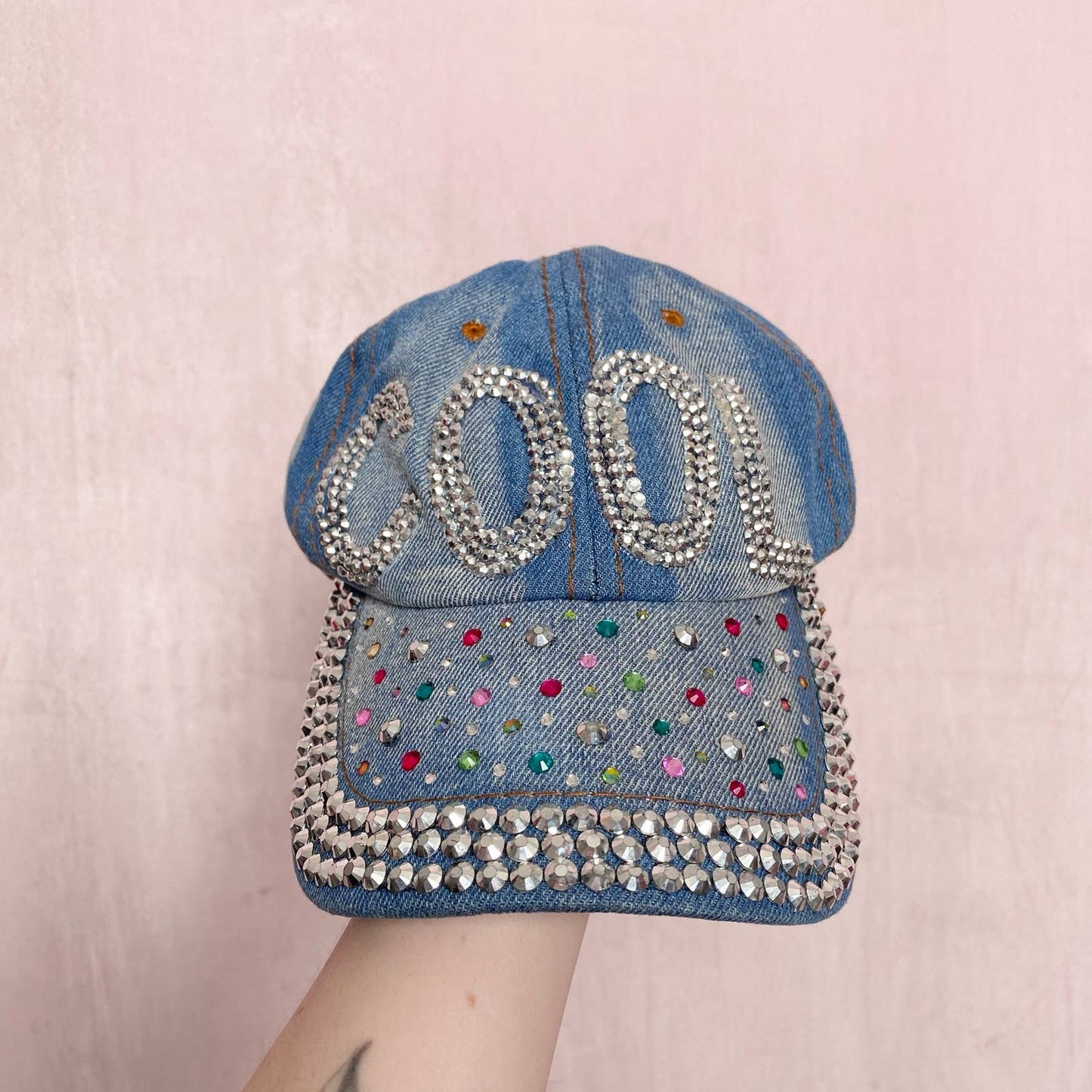 Upcycled COOL Rhinestone Denim Cap Hat