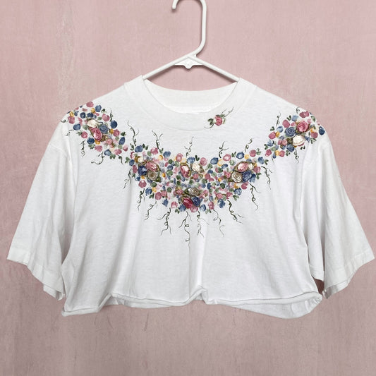 Reworked Vintage Floral Rosette Embellished Crop Tee, Size Large