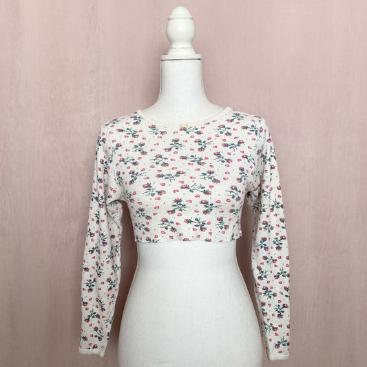 Reworked Vintage Floral Knit Crop Long Sleeve, Size Small