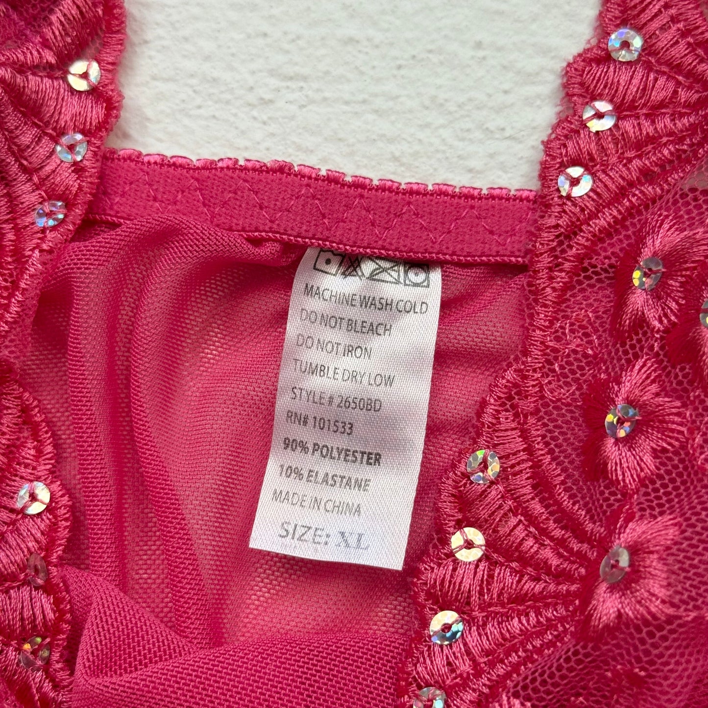 Secondhand Pink Mesh Sequin Lace Babydoll Lingerie Mini Nightgown, Size XL