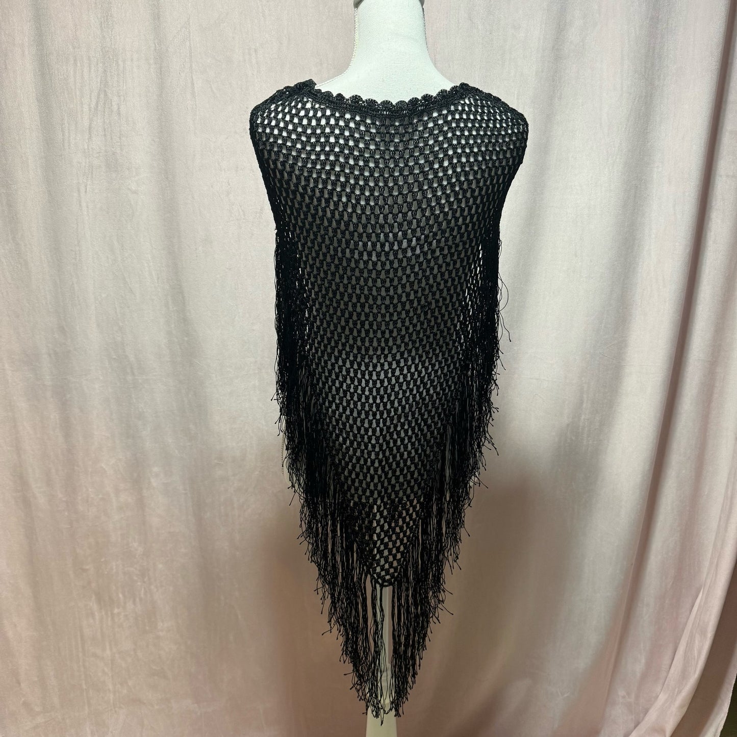 Secondhand Black Crochet Open Knit Fringe Hem Poncho
