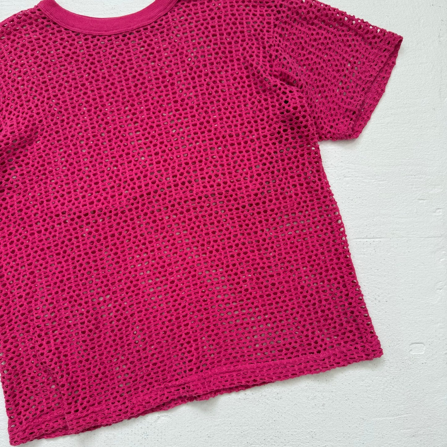 Y2K Pink Open Crochet Knit Short Sleeve Top