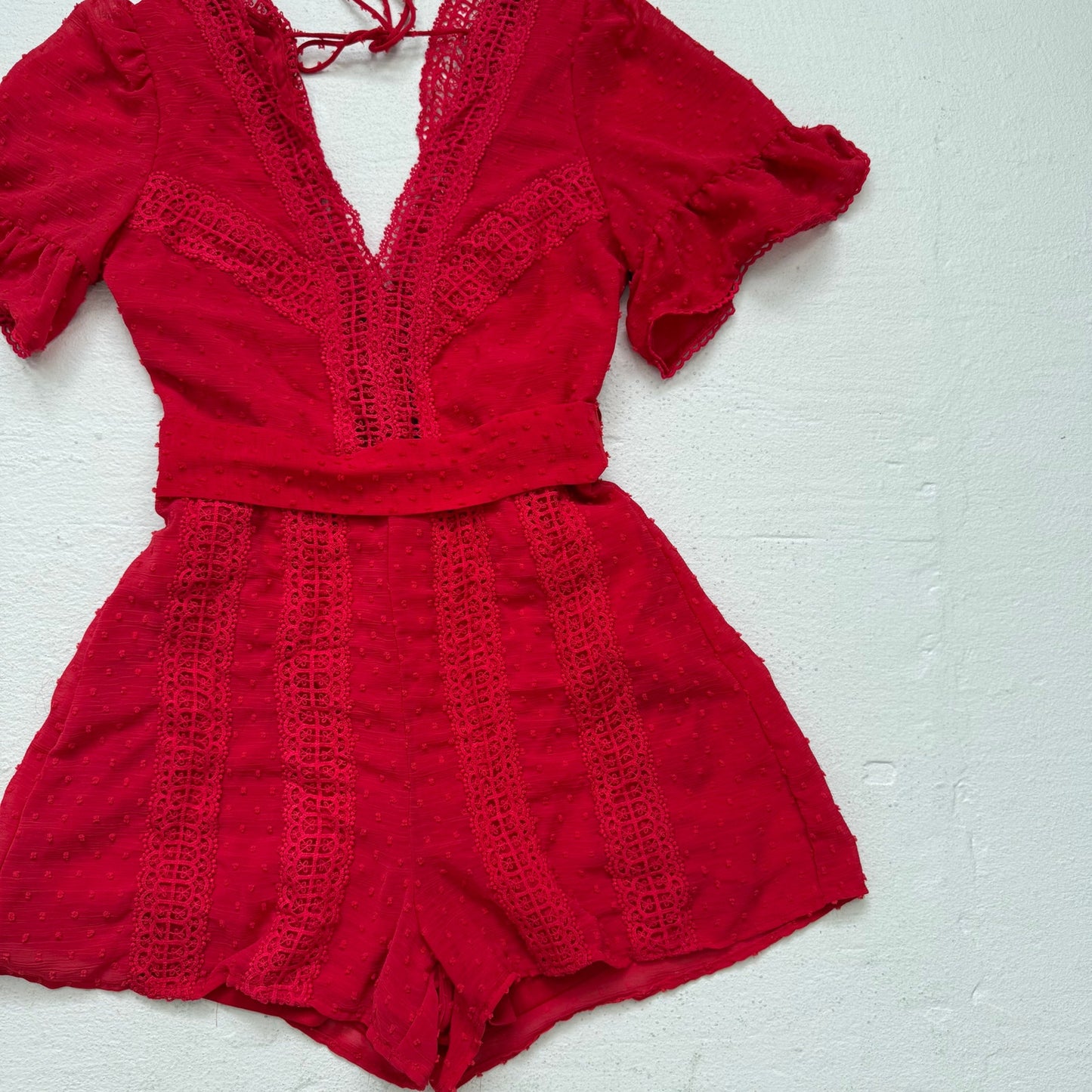 Secondhand Chicways Red Lace Polka Dot Romper, Size Small