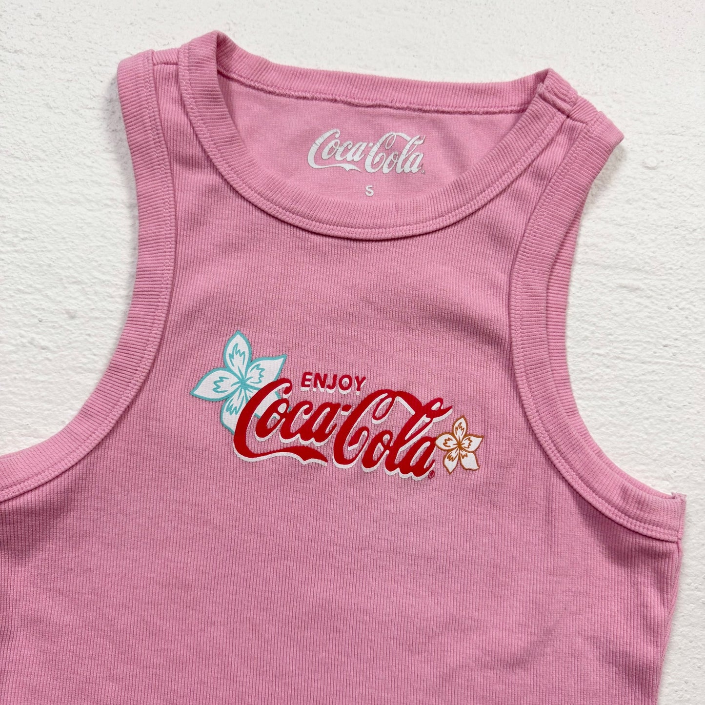 Secondhand Coca-Cola Pink Ribbed Graphic Tank Top, Size Small