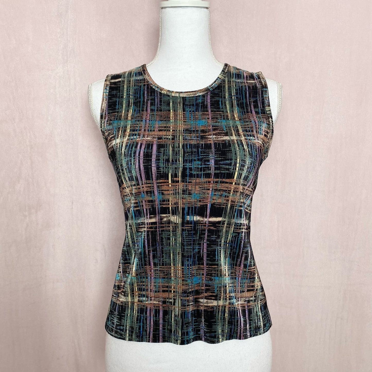 Vintage Plisse Micro Pleated Abstract Tank Top, Size Small