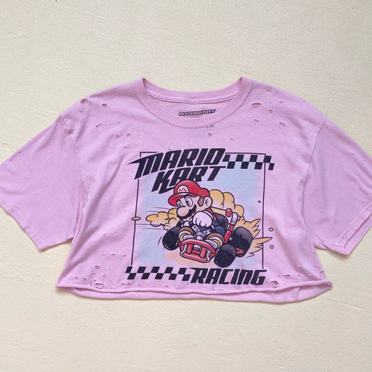 Upcycled Mario Kart Racing Distressed Crop Tee, Size Medium