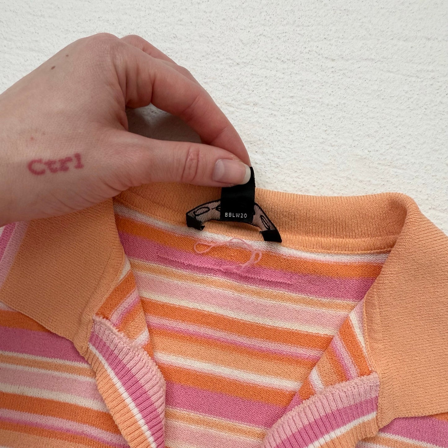 Y2K Bebe Pink Orange Ribbed Stripe Polo Top, Size Medium