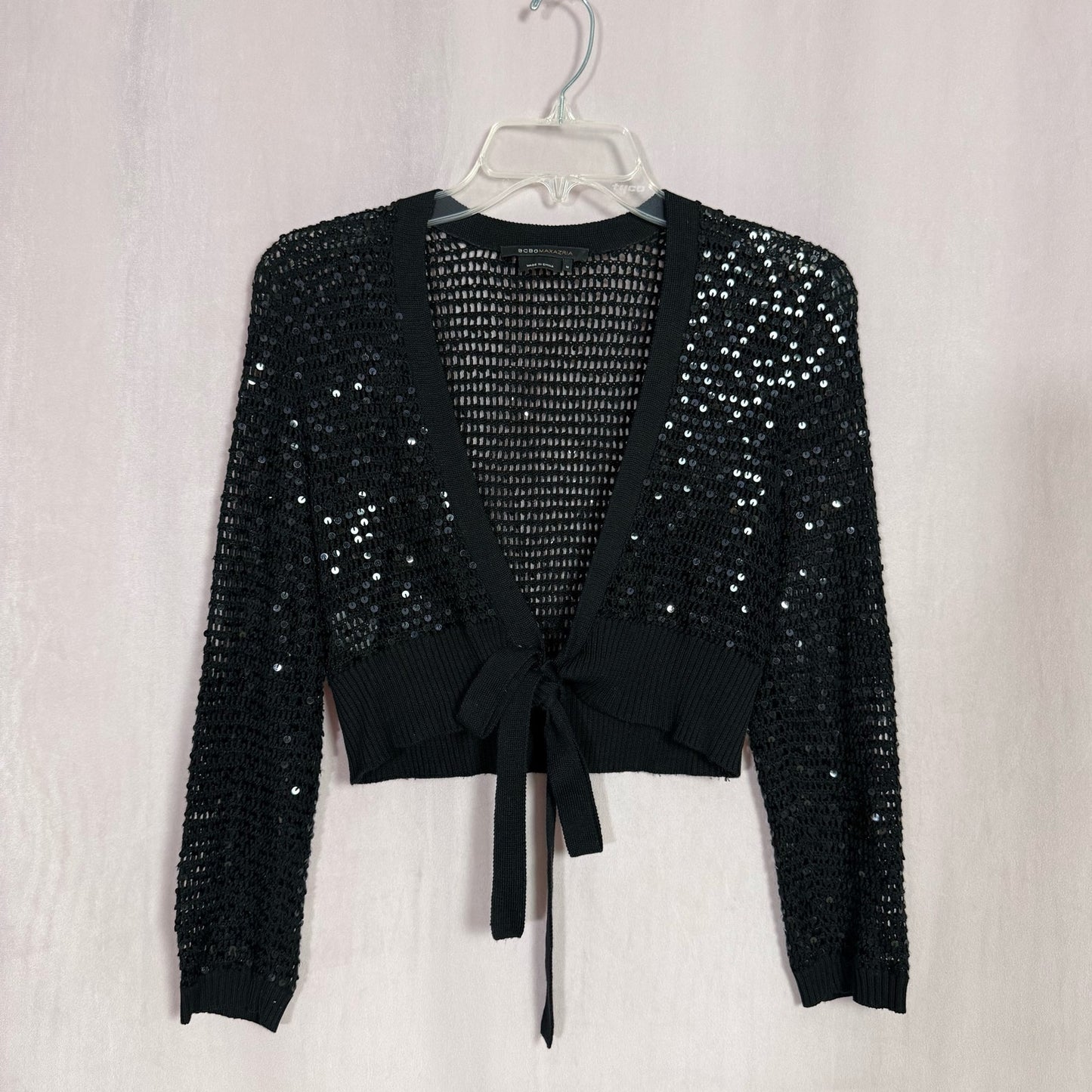 Secondhand BCBGMaxazria Sequins Silk Crochet Crop Black Cardigan, Size Medium