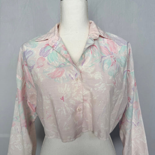 Upcycled Vintage Classic Essentials Pastel Floral Crop Button Up, Size Large