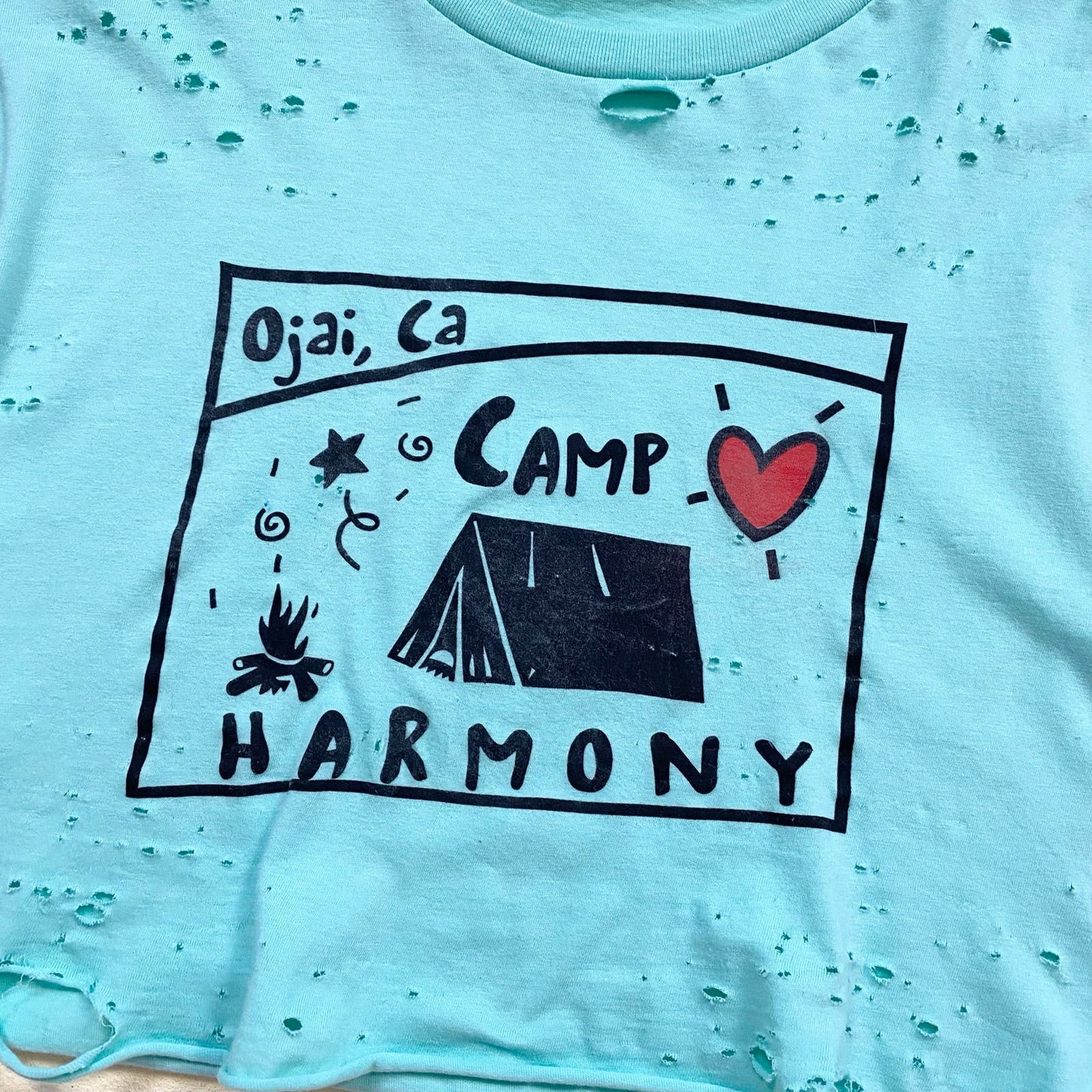 Upcycled Ojai CA Camp Harmony Distressed Crop Tee