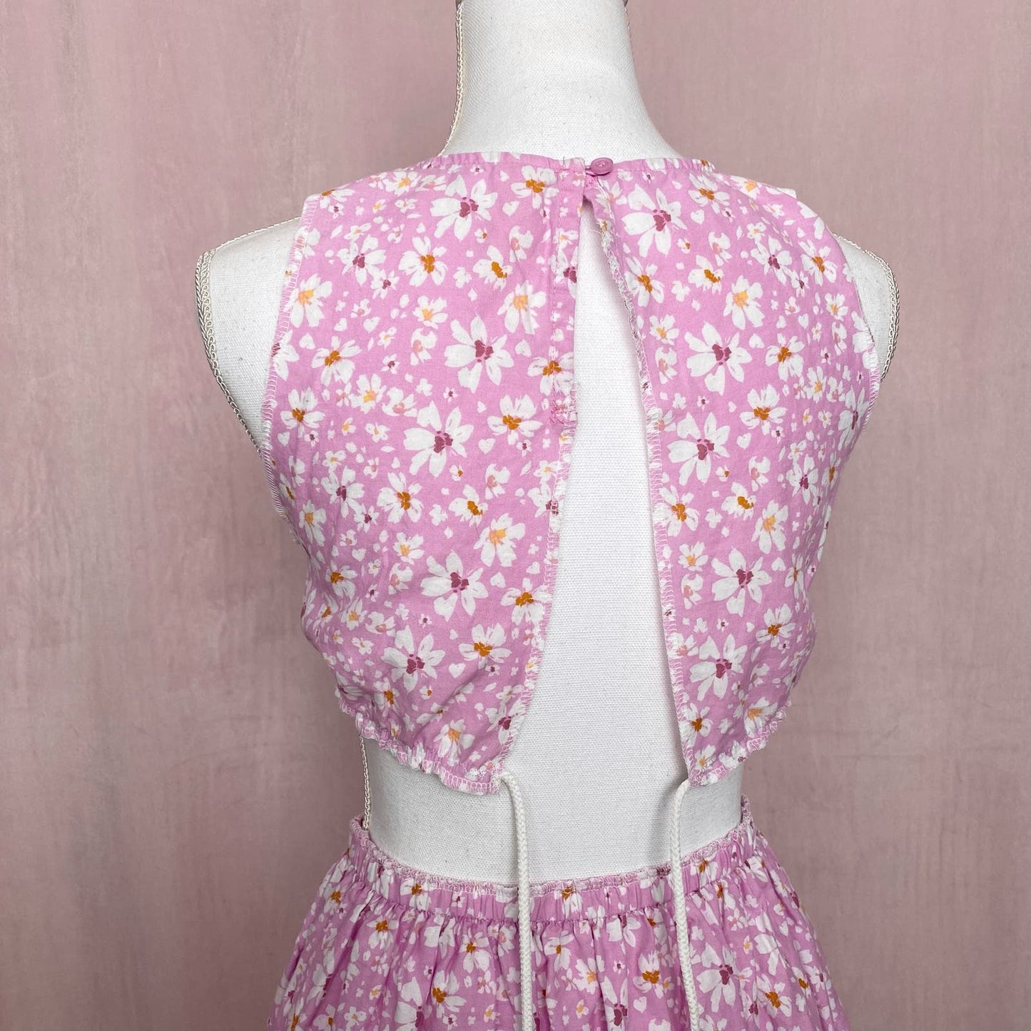 Upcycled Pink Floral Linen Blend Crop Top & Skirt Set, Size XS