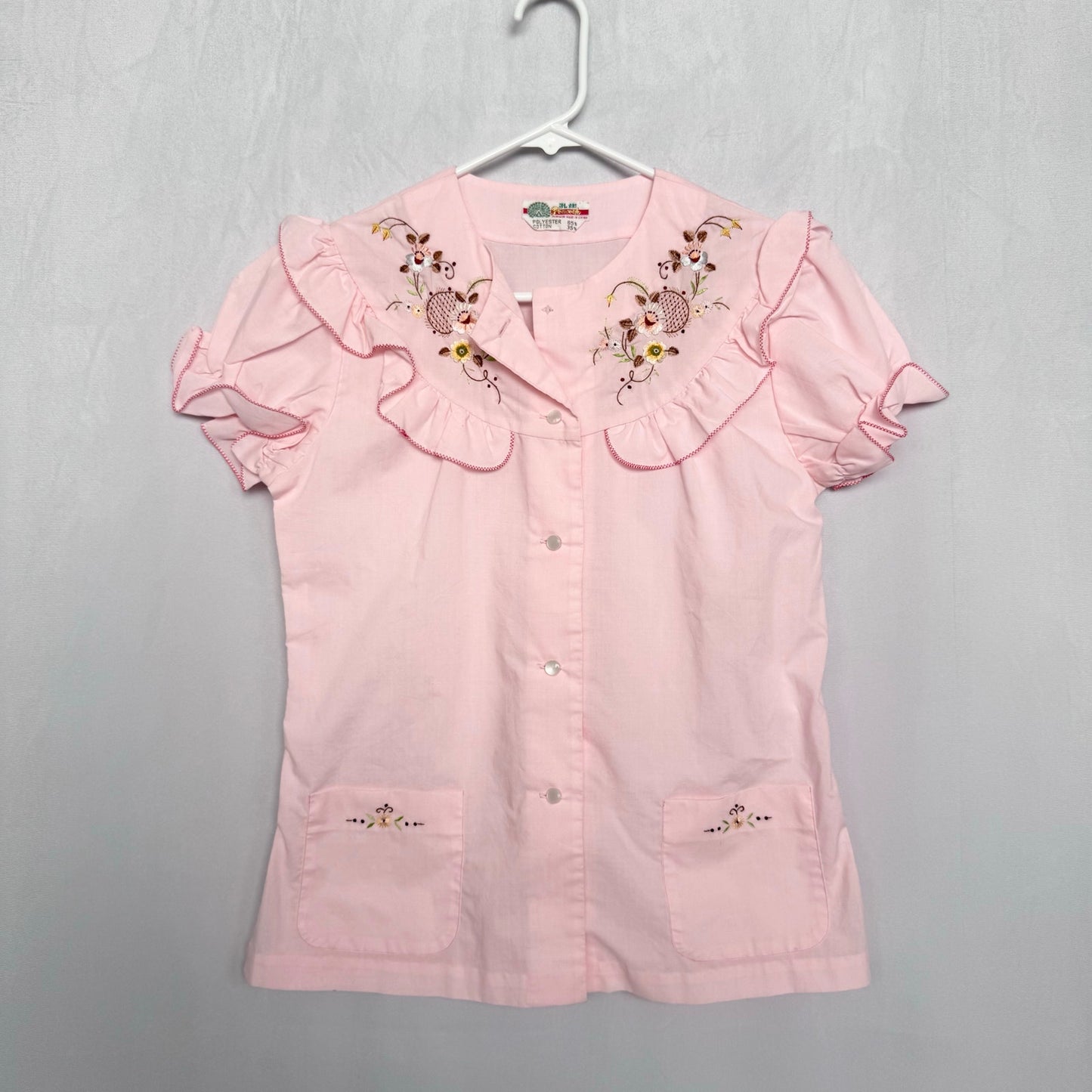 Vintage Pink Embroidered Ruffle Button Up Top, Size Small
