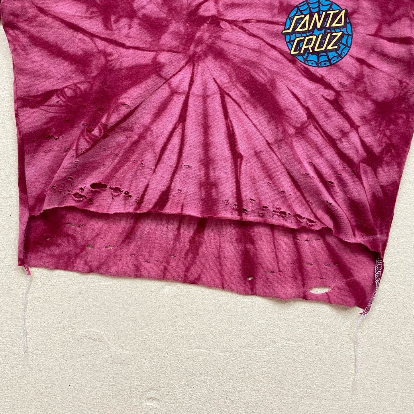 Upcycled Y2K Santa Cruz Skateboards Skull Tie Dye Distressed Crop Tee, Size S/M
