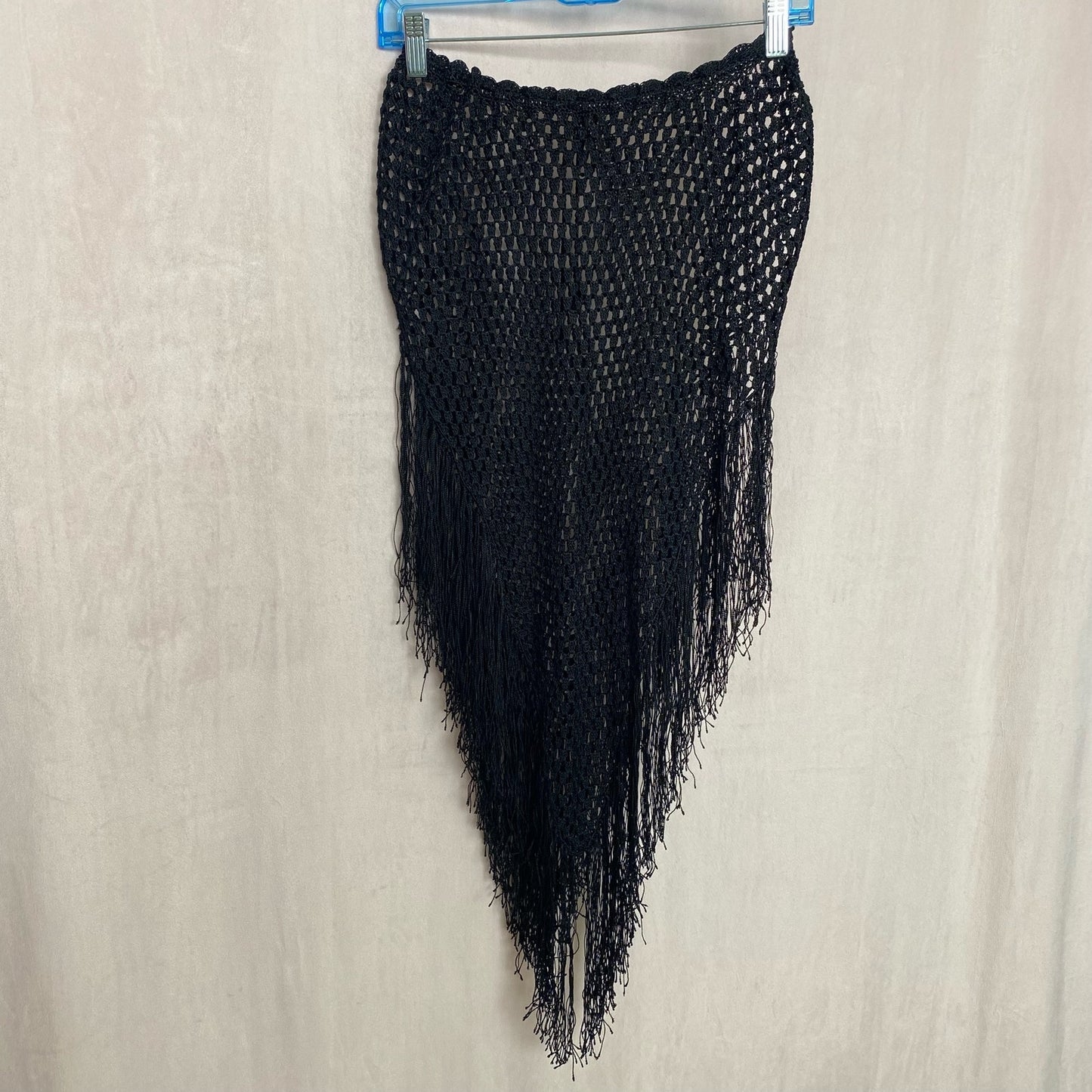 Secondhand Black Crochet Open Knit Fringe Hem Poncho