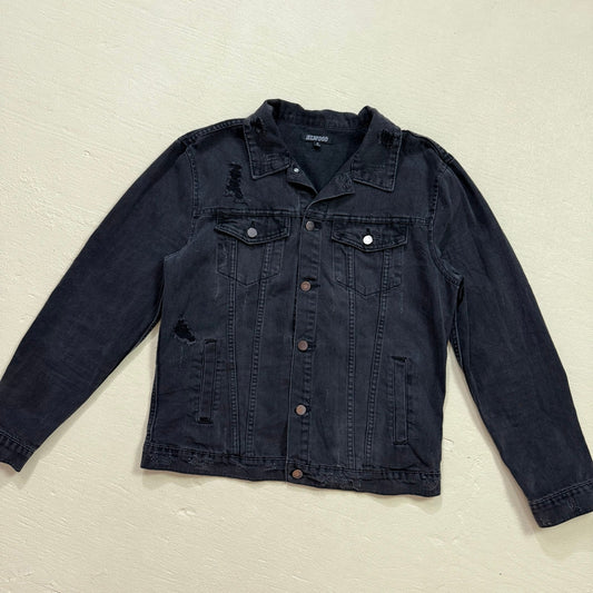 Secondhand Elwood Black Distressed Denim Jacket, Size Medium