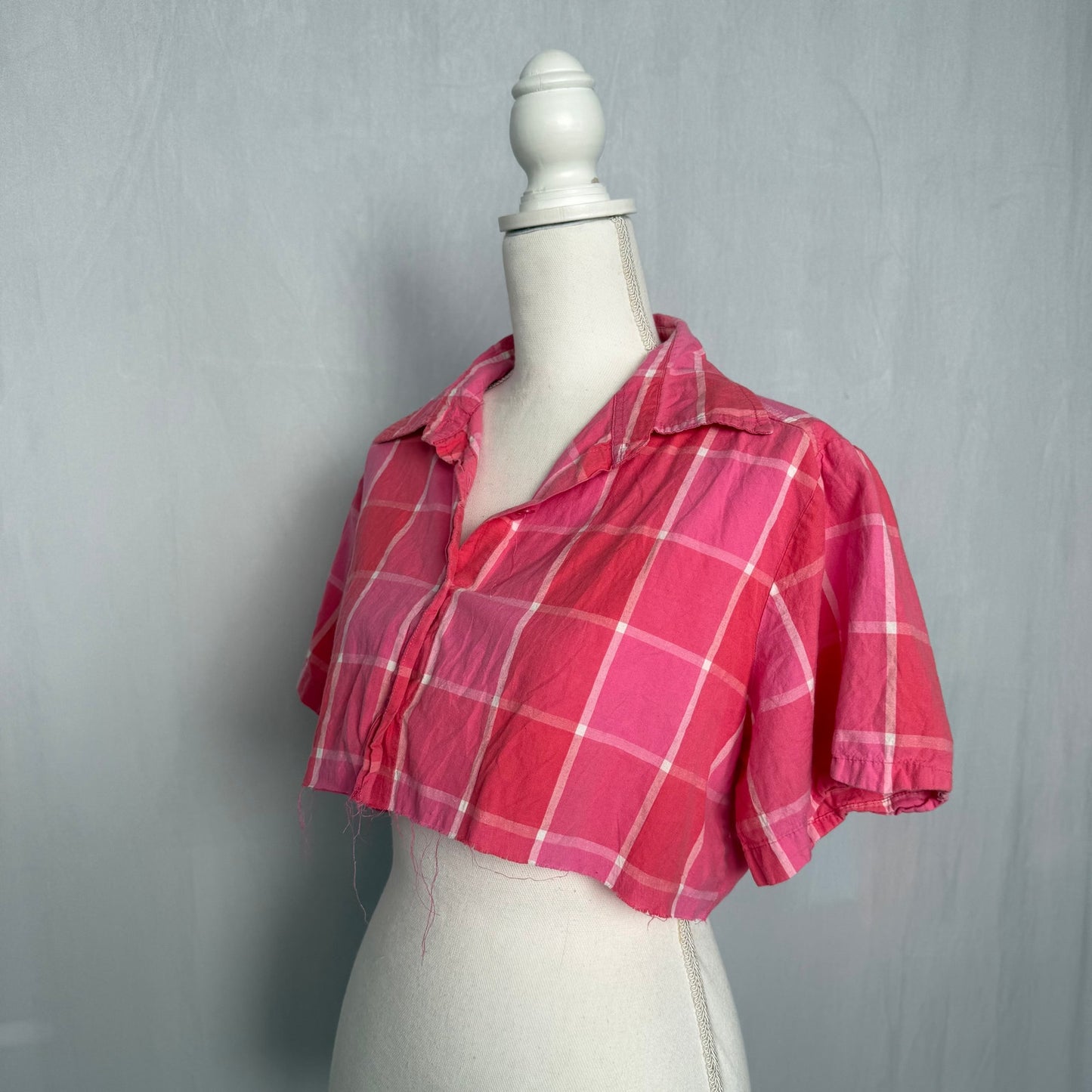 Upcycled Vintage Citicraze Pink Plaid Cropped Button Up Shirt, Size Large
