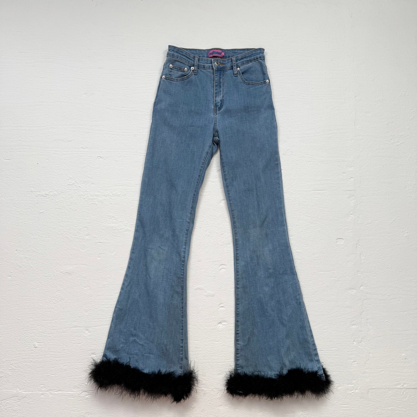 Reworked Edikted Feather Hem High Rise Flare Jeans, Size XS