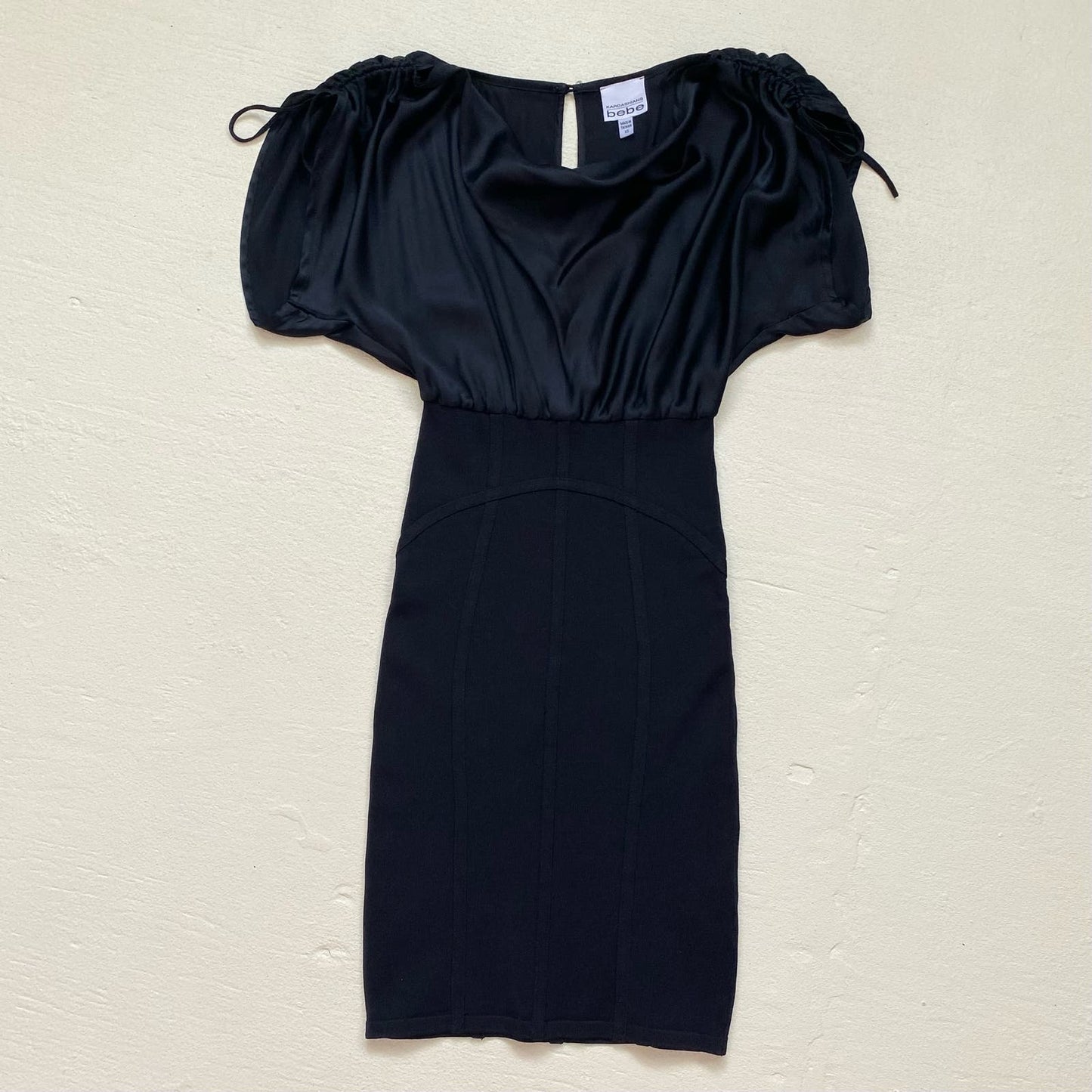 Kardashians Bebe Black Silk Cowl Neck Bandage Dress, Size XS