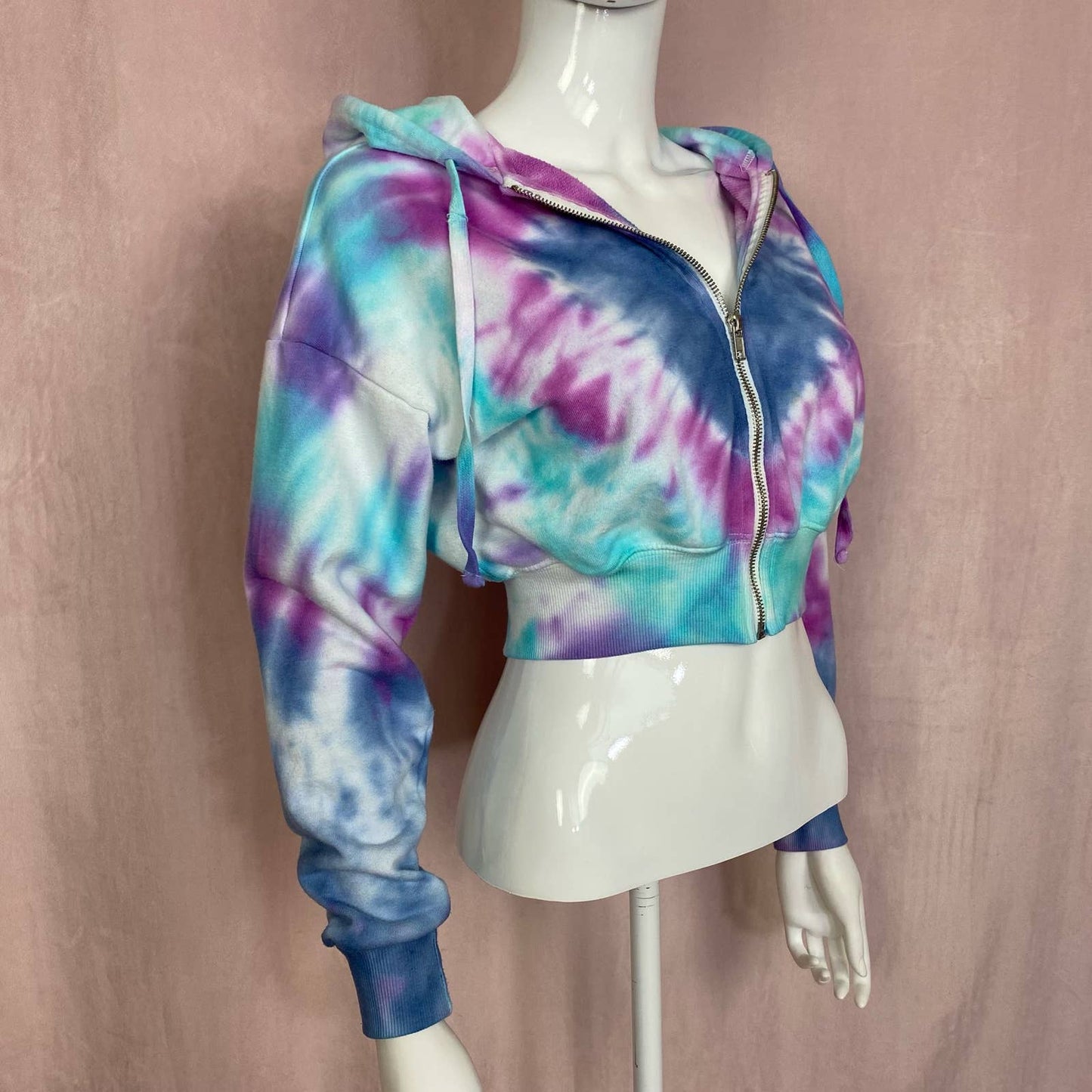 Upcycled Forever 21 Heart Tie Dye Crop Zip Hoodie, Size Small