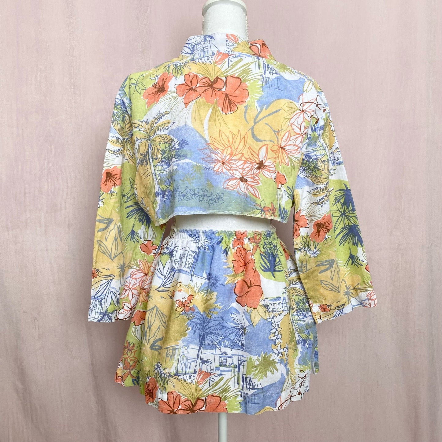 Upcycled Vintage Linen Blend Tropical Button Up Skirt Set, Size Small